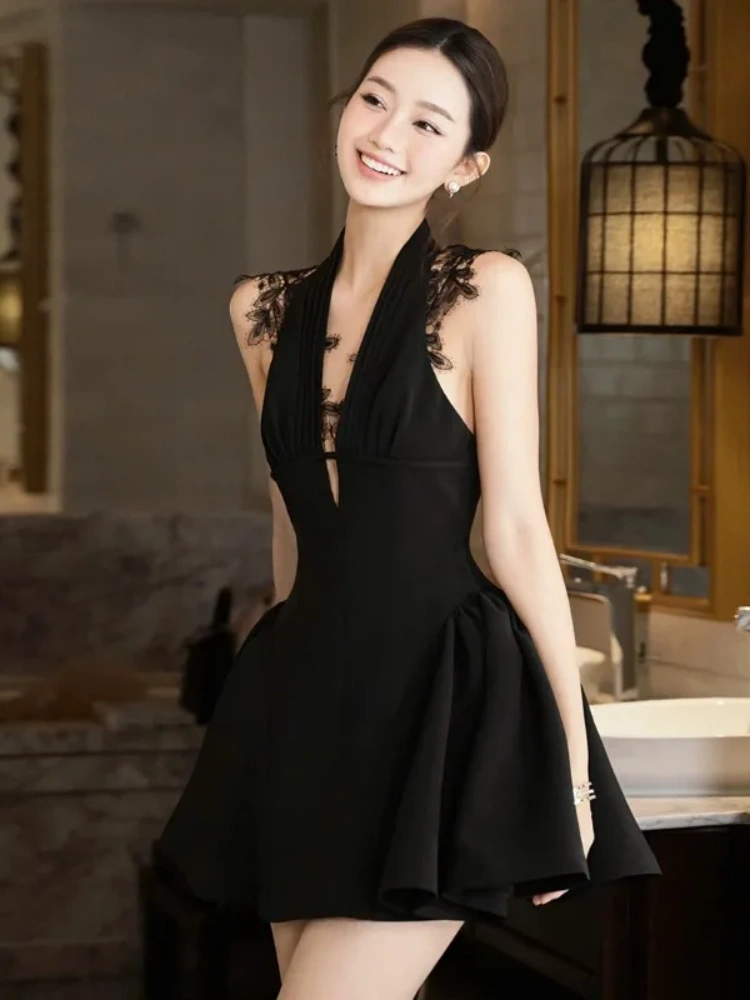 BOOFEENAA  Lace Trim Deep V Neck Backless Mini Dress Sexy Black Birthday Dresses Luxury 2025 Woman Club Outfits P94-DZ27