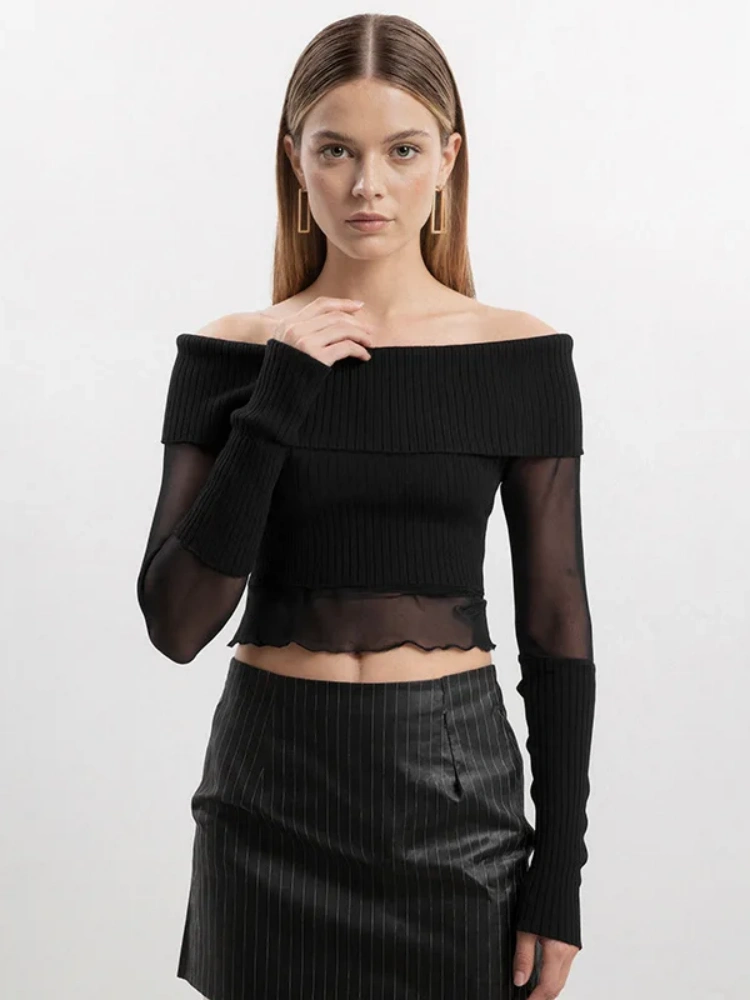 BOOFEENAA Knitted Mesh Patchwork Black Sexy T Shirt Off Shoulder Long Sleeve Crop Tops Trending Fall Woman Clothes 2025 P85-CE21