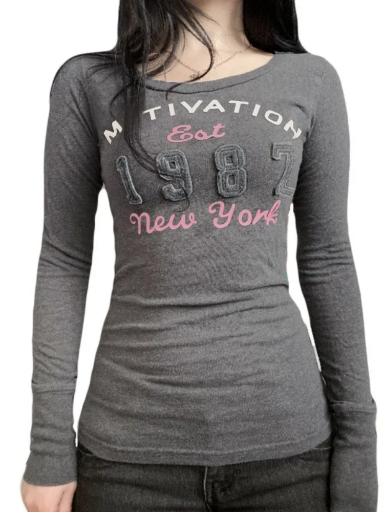 BOOFEENAA Letters Patch Printed Crew Neck Full Sleeves Top Gray Graphic T Shirts Woman Vintage Fall 2000s Clothes P67-BH17