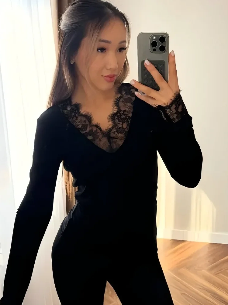 BOOFEENAA Official Store Lace Trim V Neck Long Sleeve Tops Solid Color Sexy T Shirts New Fashion 2025 Woman Clothing N85-BG14