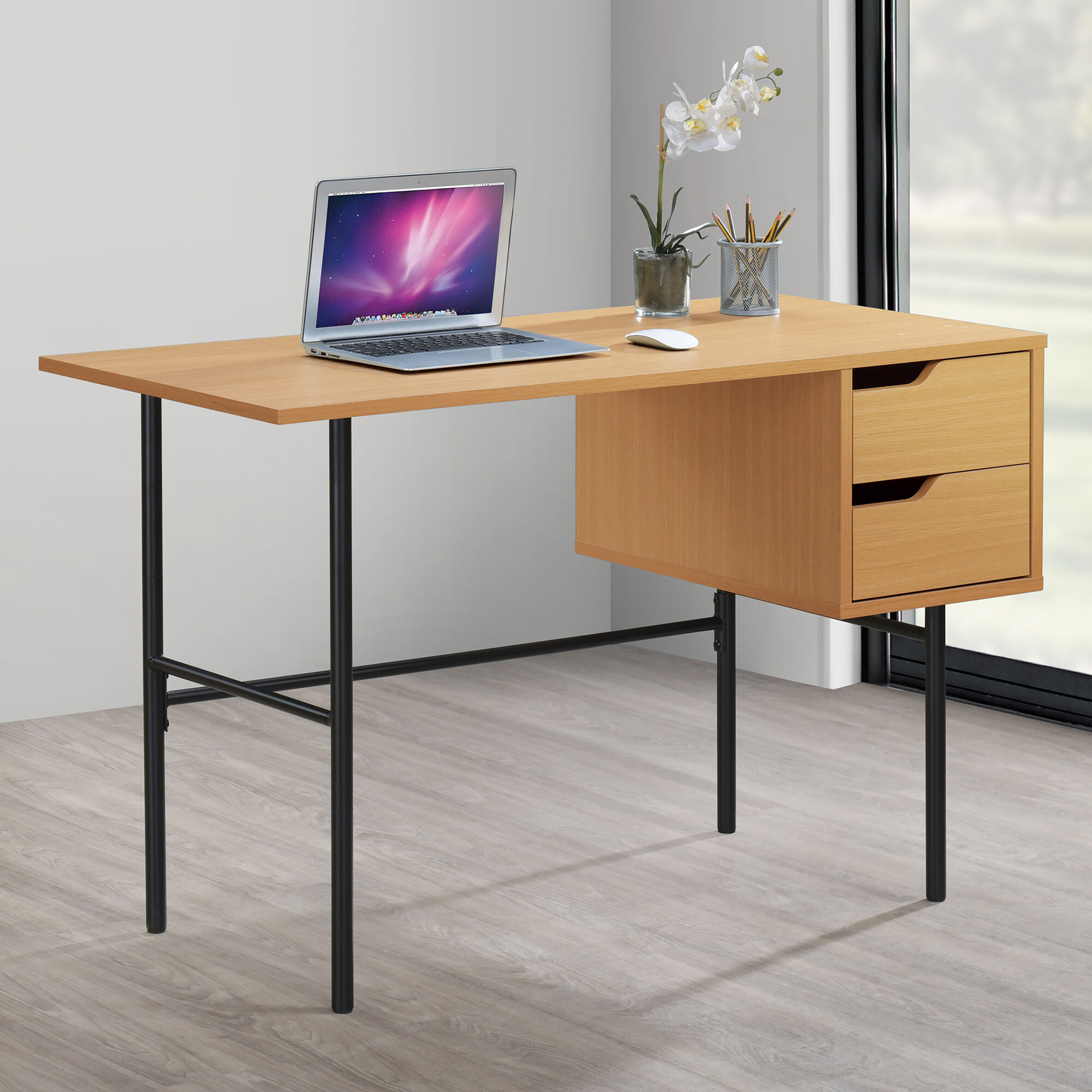 Landon Natural Wood Scandi Writing Desk with Drawers