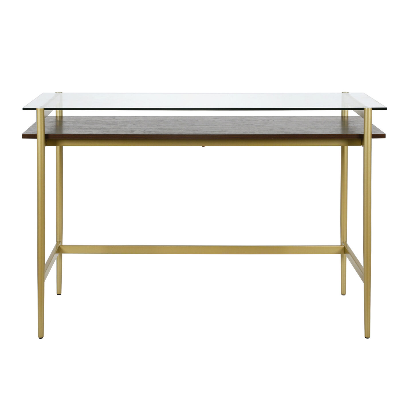 Ruta Brass and Walnut Glass Top Desk with Shelf