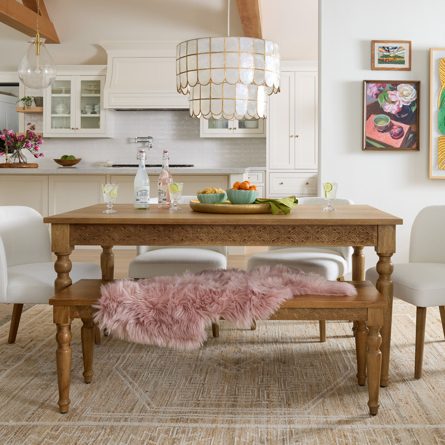 Nisha Hand Carved Wood Medallion Dining Bench