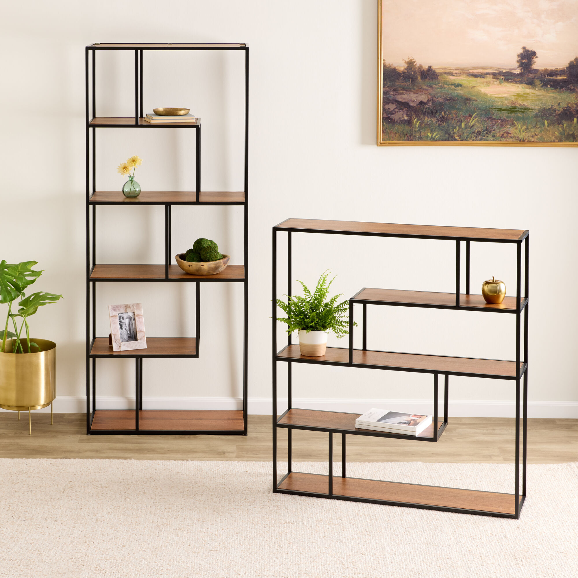 Quintin Tall Wood and Black Metal Modern Bookshelf