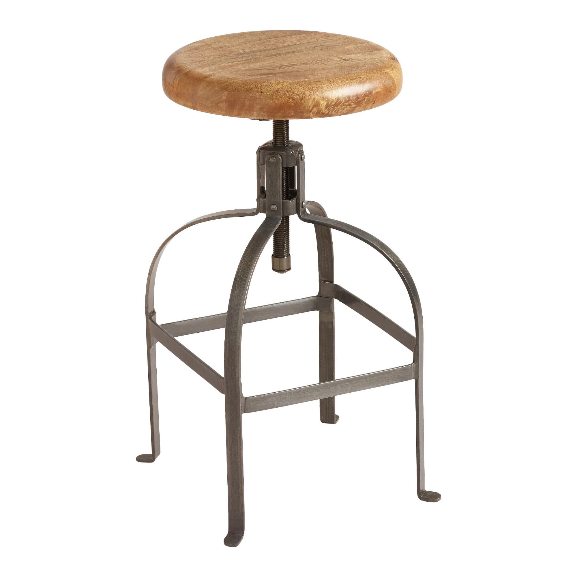 Round Wood and Metal Adjustable Swivel Stool