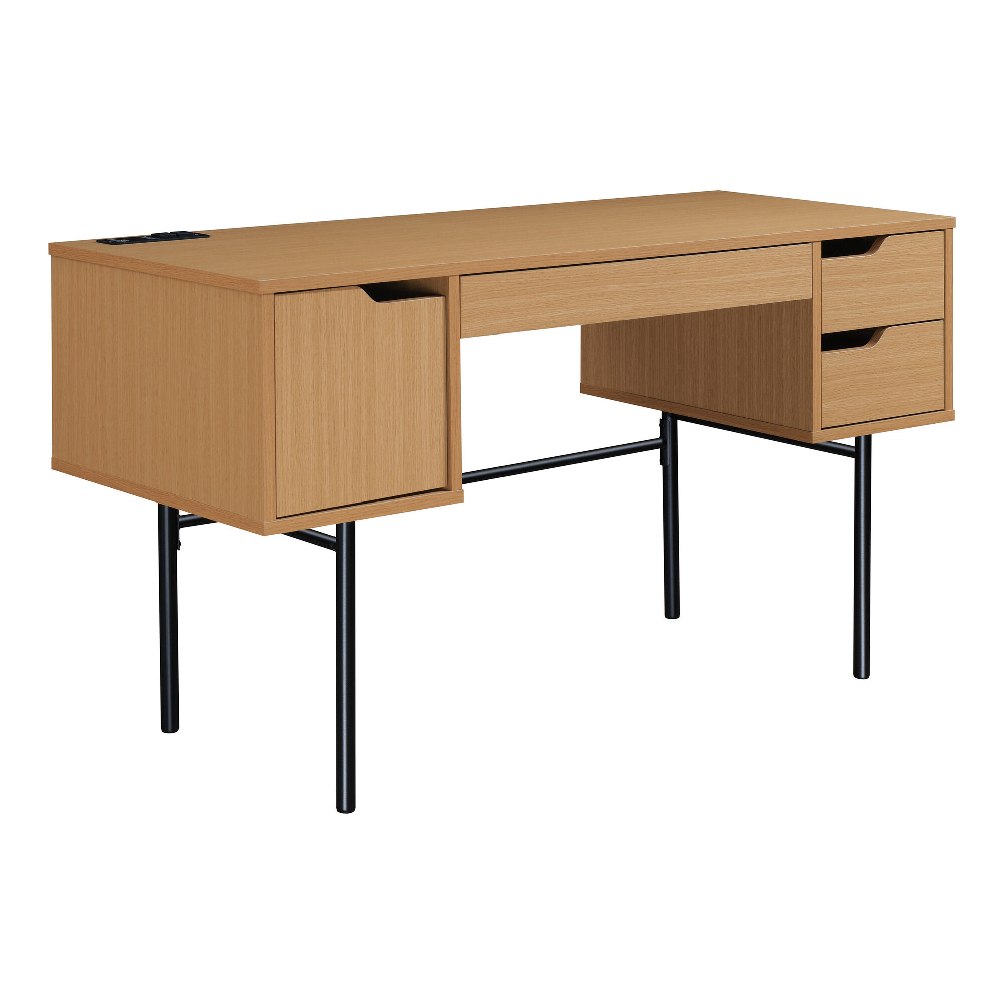 Landon Natural Wood Scandi Desk with Storage and Power Ports