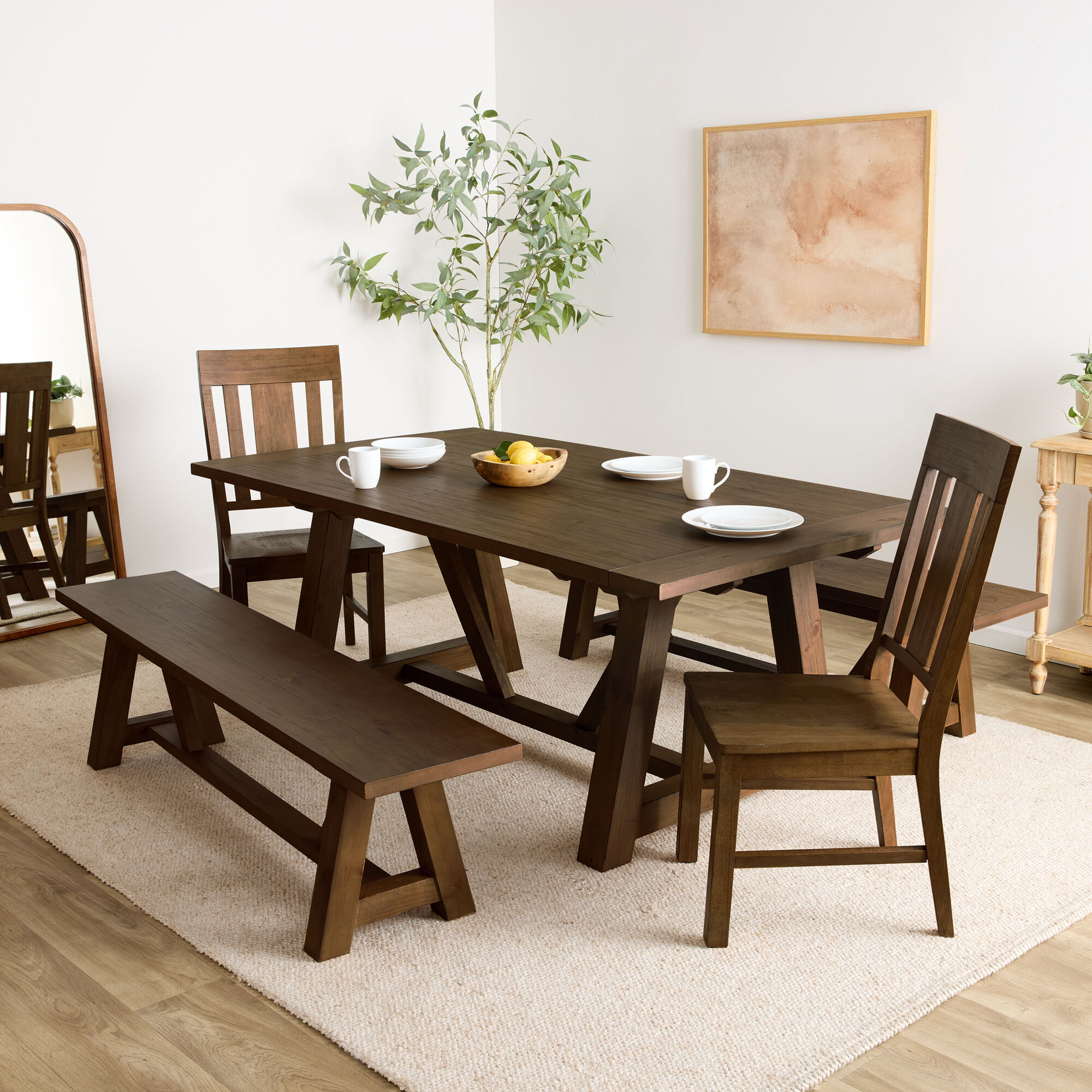 Leona Wood Farmhouse 5 Piece Extension Dining Set with Benches
