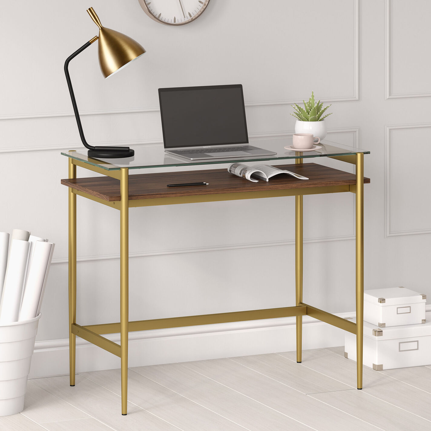 Ruta Brass and Walnut Glass Top Desk with Shelf