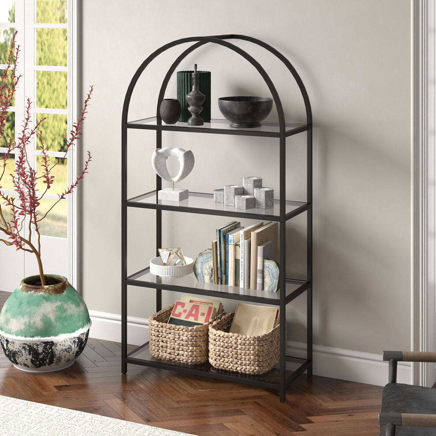 Desak Hand Painted Metal and Glass Arched Bookshelf