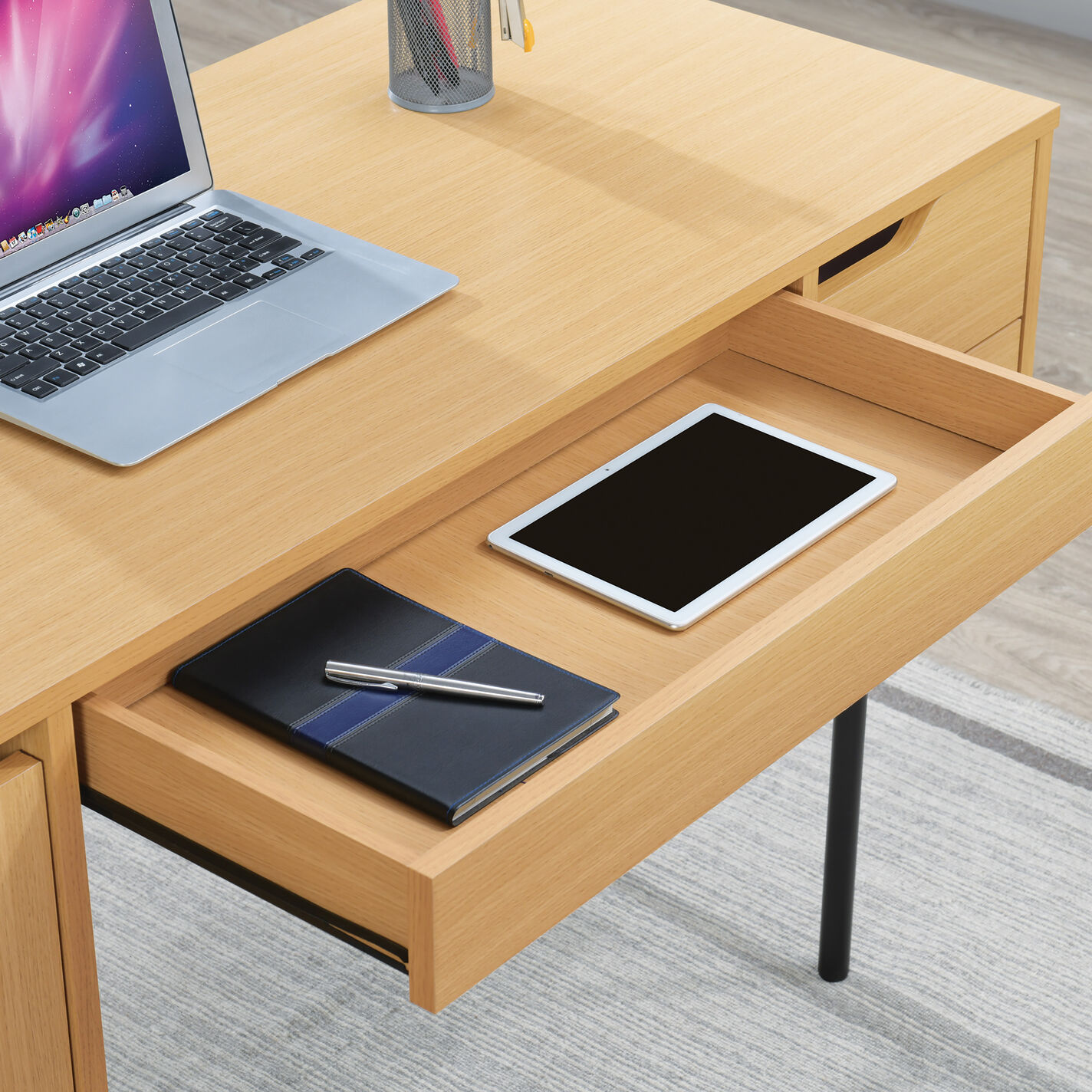 Landon Natural Wood Scandi Desk with Storage and Power Ports