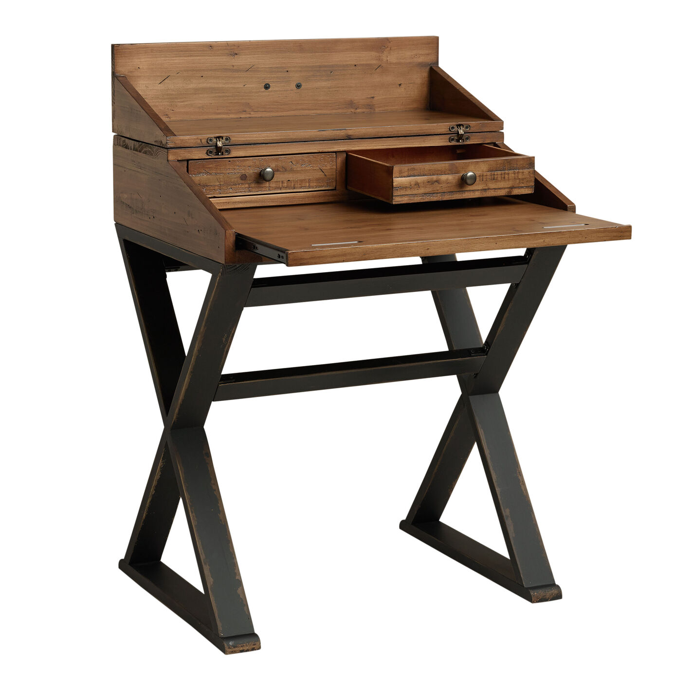 Distressed Antique Cognac and Black Wood Secretary Desk