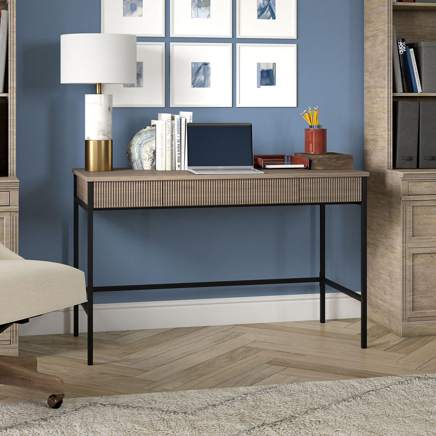 Claret Wood and Black Metal Mid Century Desk with Drawers