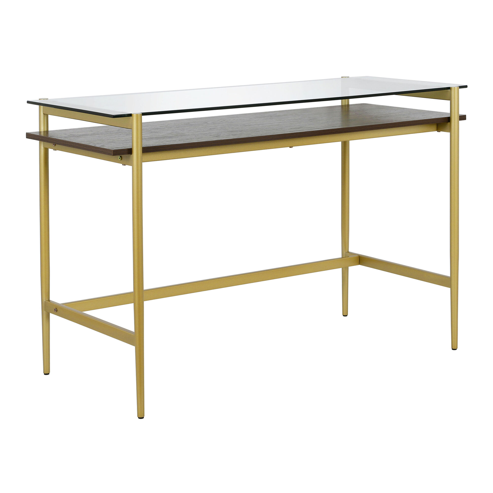 Ruta Brass and Walnut Glass Top Desk with Shelf