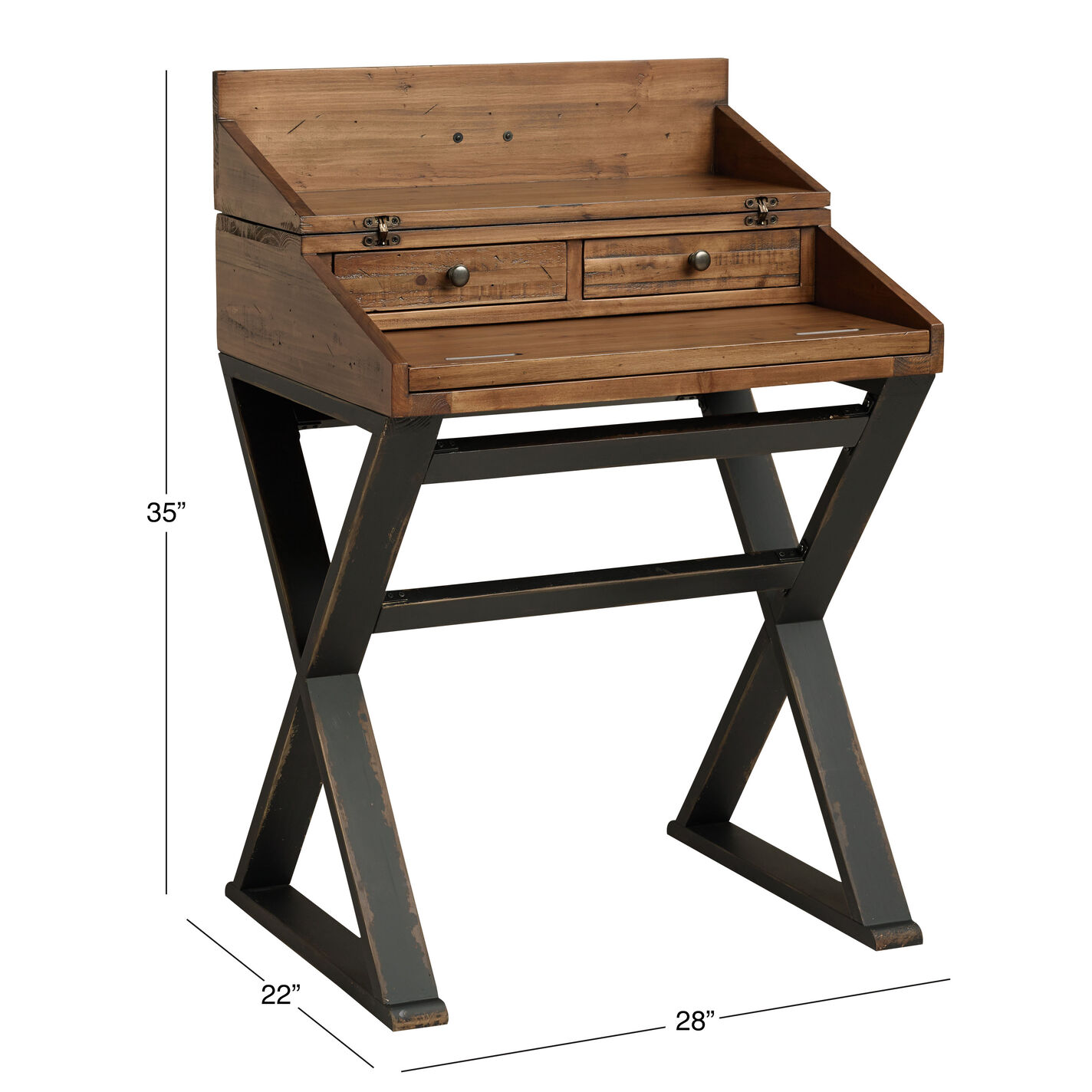 Distressed Antique Cognac and Black Wood Secretary Desk