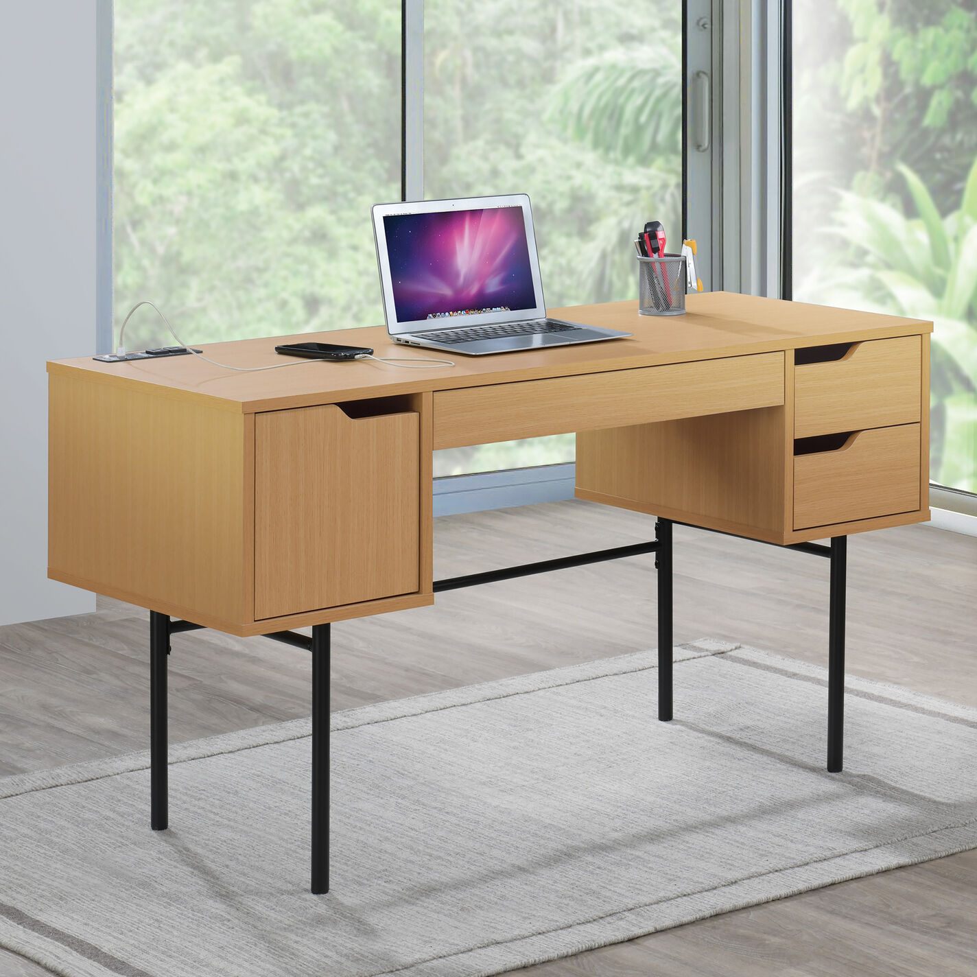 Landon Natural Wood Scandi Desk with Storage and Power Ports