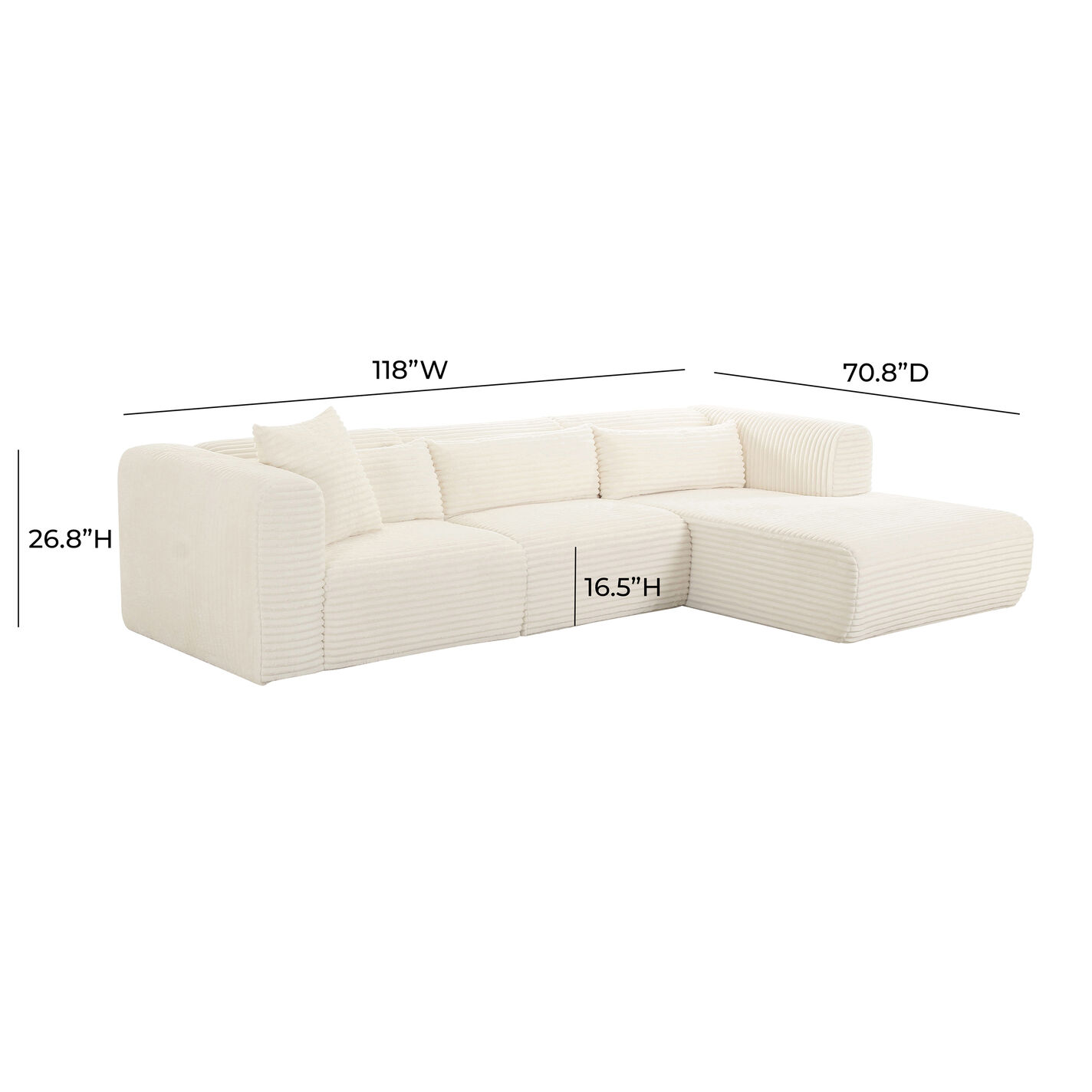 Amos Cream Corduroy 3 Piece Modular Right Sectional Sofa