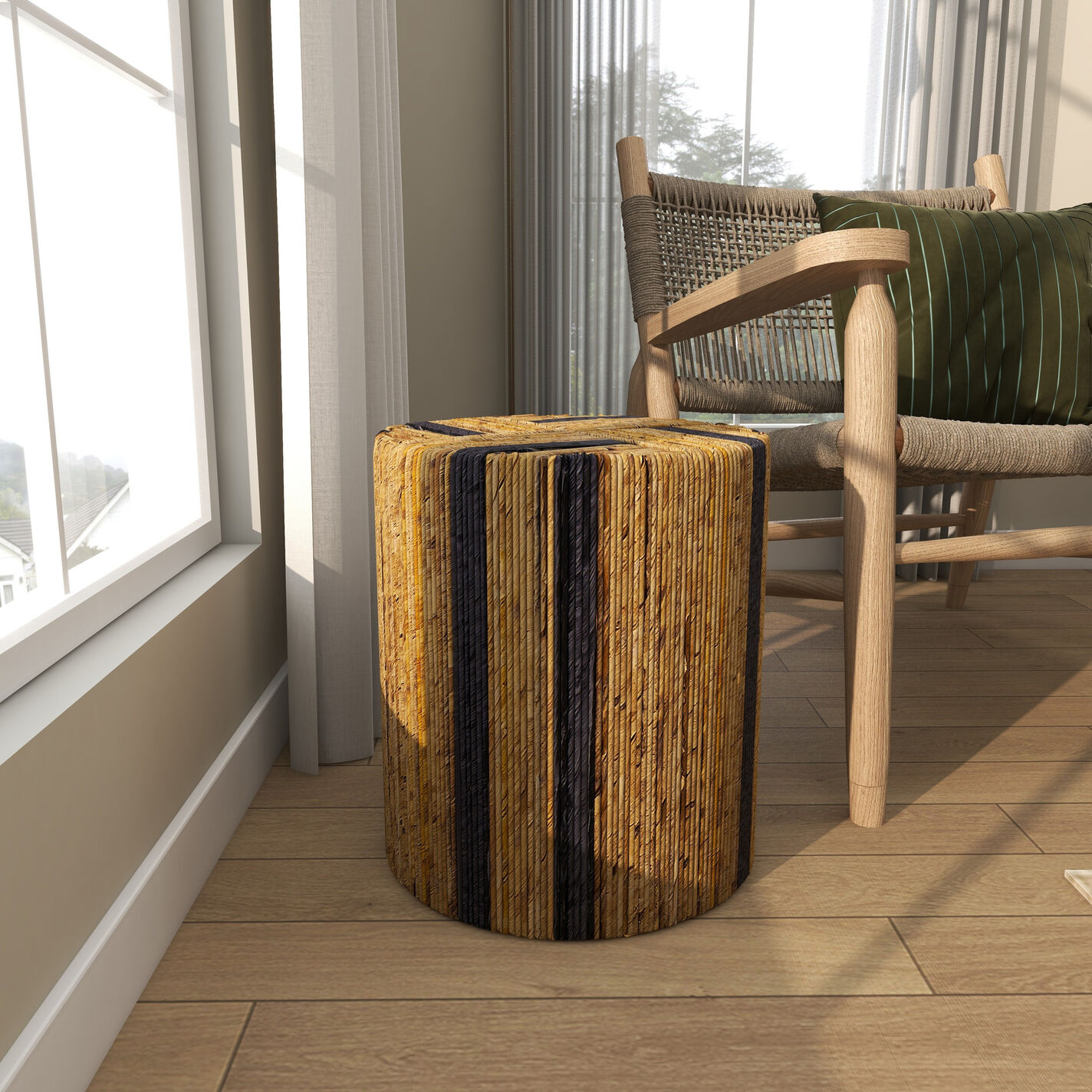 Juno Round Natural and Navy Banana Leaf Wrapped Side Table