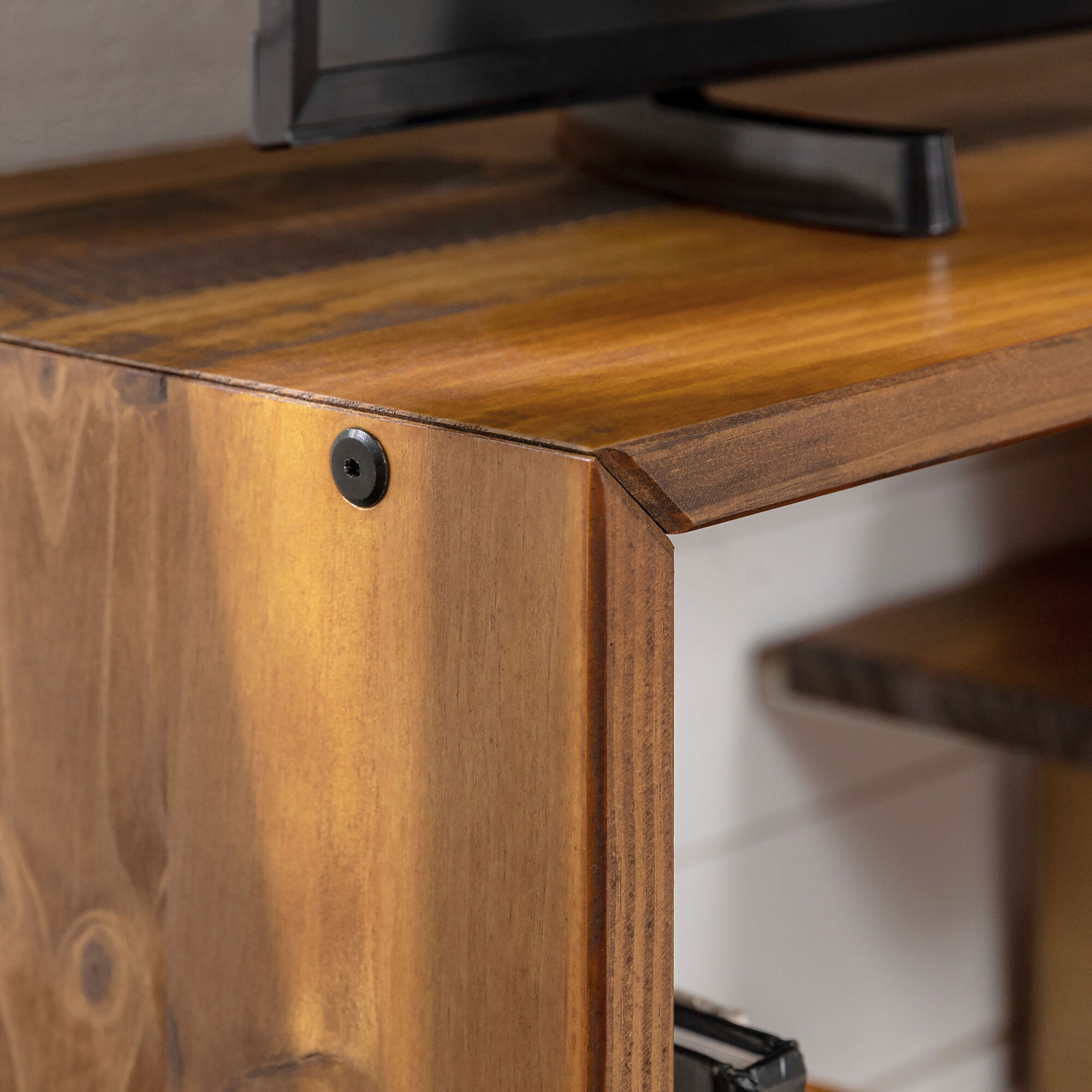 Cosme Amber Wood Asymmetrical Console Table with Shelves