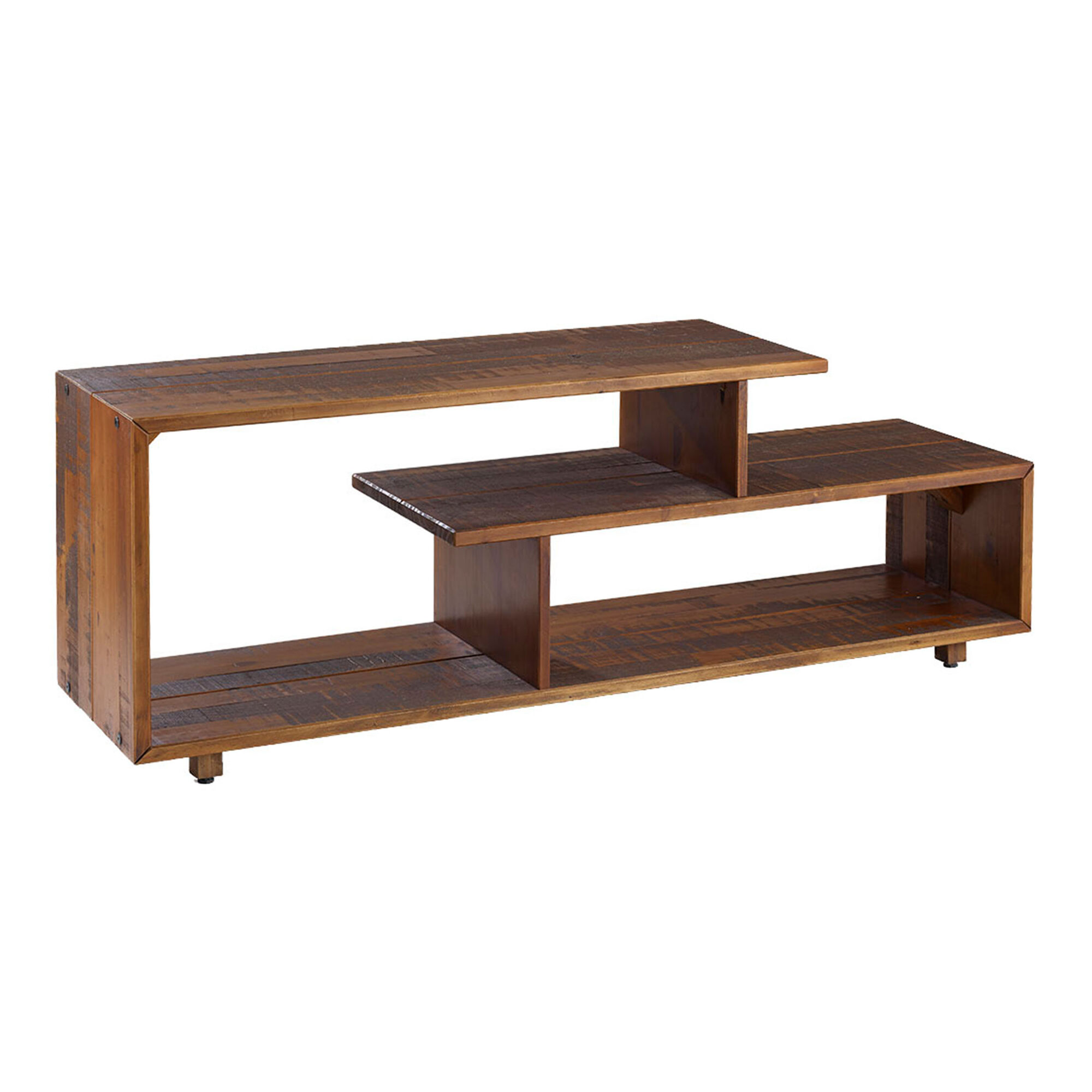 Cosme Amber Wood Asymmetrical Console Table with Shelves
