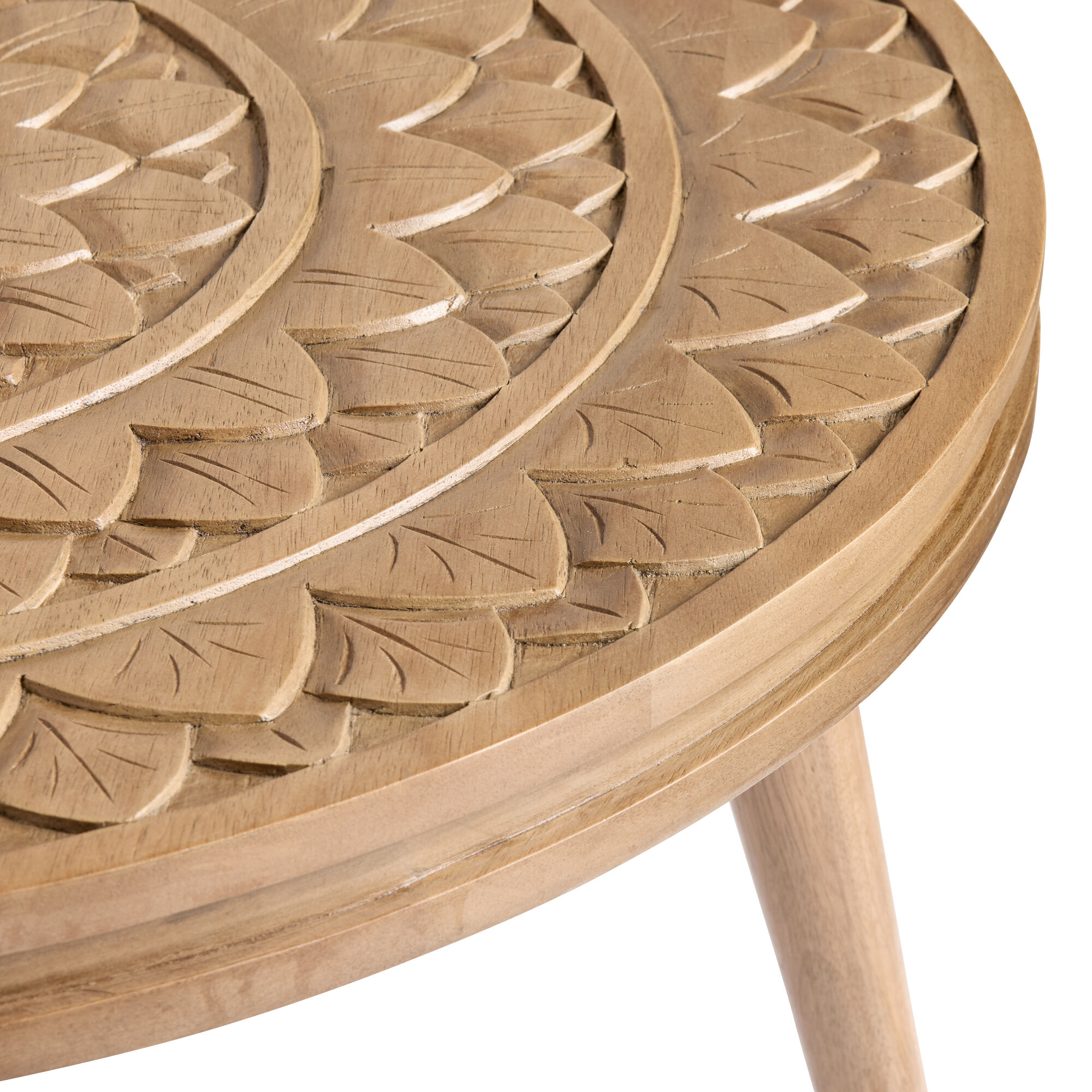 Tasilli Round Brown Carved Wood Floral Coffee Table