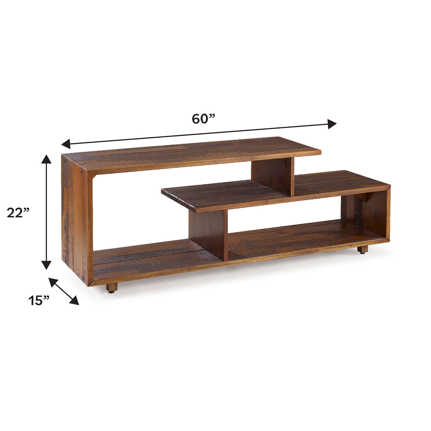 Cosme Amber Wood Asymmetrical Console Table with Shelves