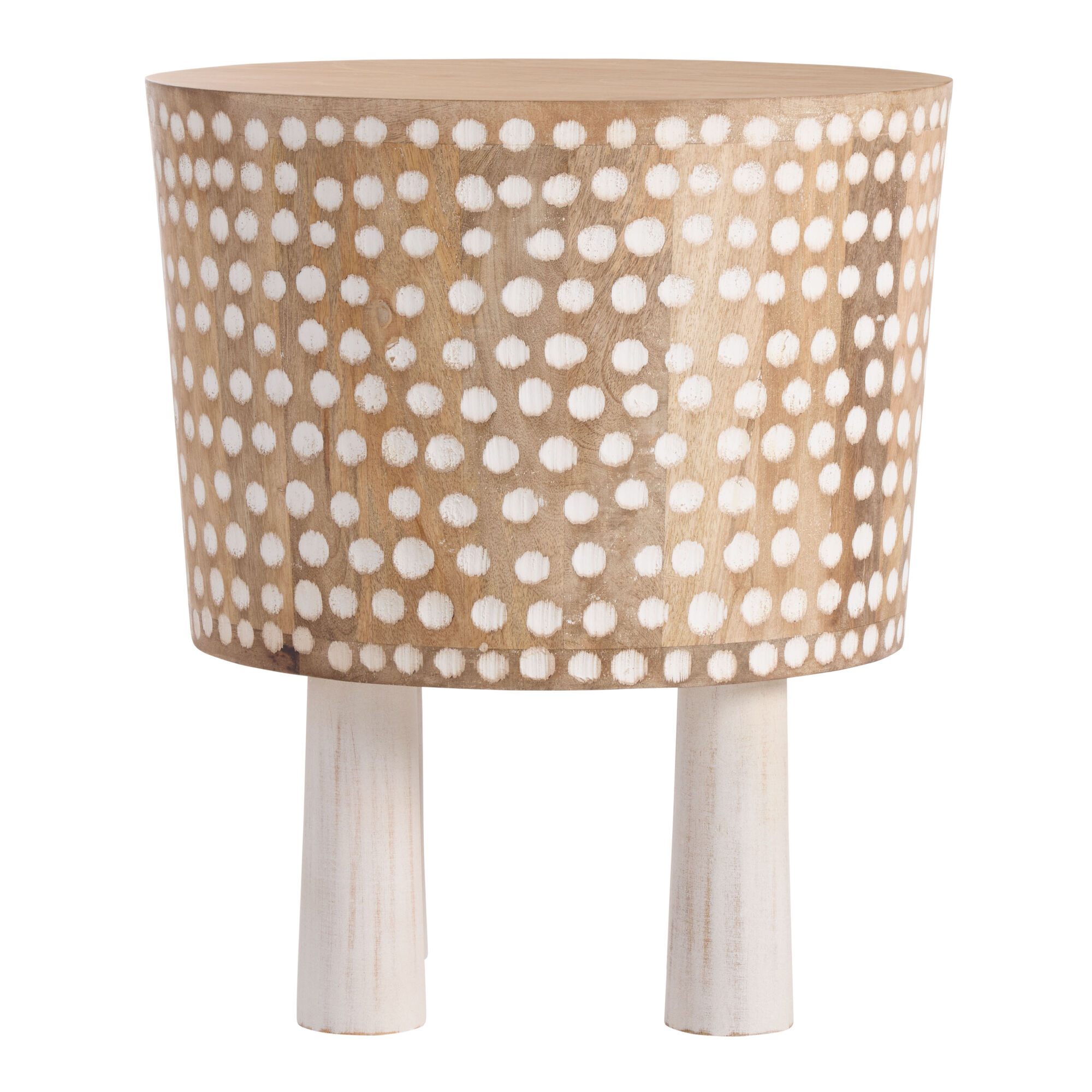 Tally Round Natural Wood and Whitewash Dotted Side Table