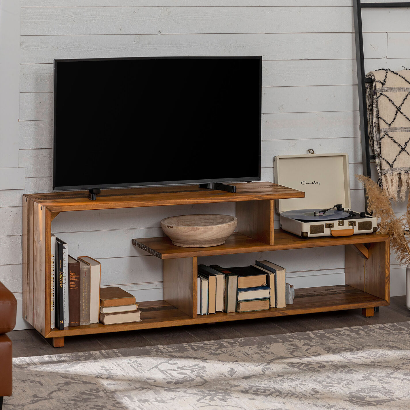 Cosme Amber Wood Asymmetrical Console Table with Shelves