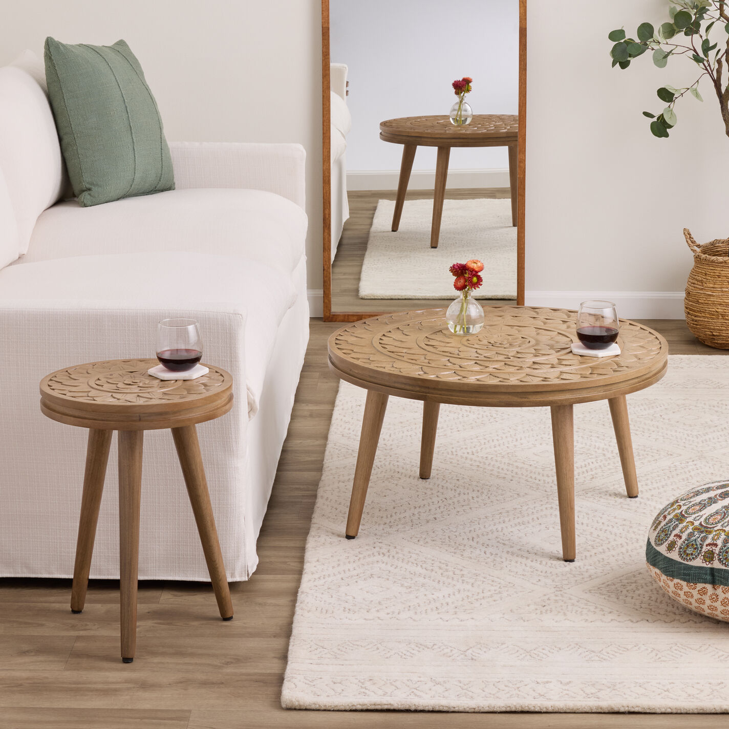 Tasilli Round Brown Carved Wood Medallion End Table