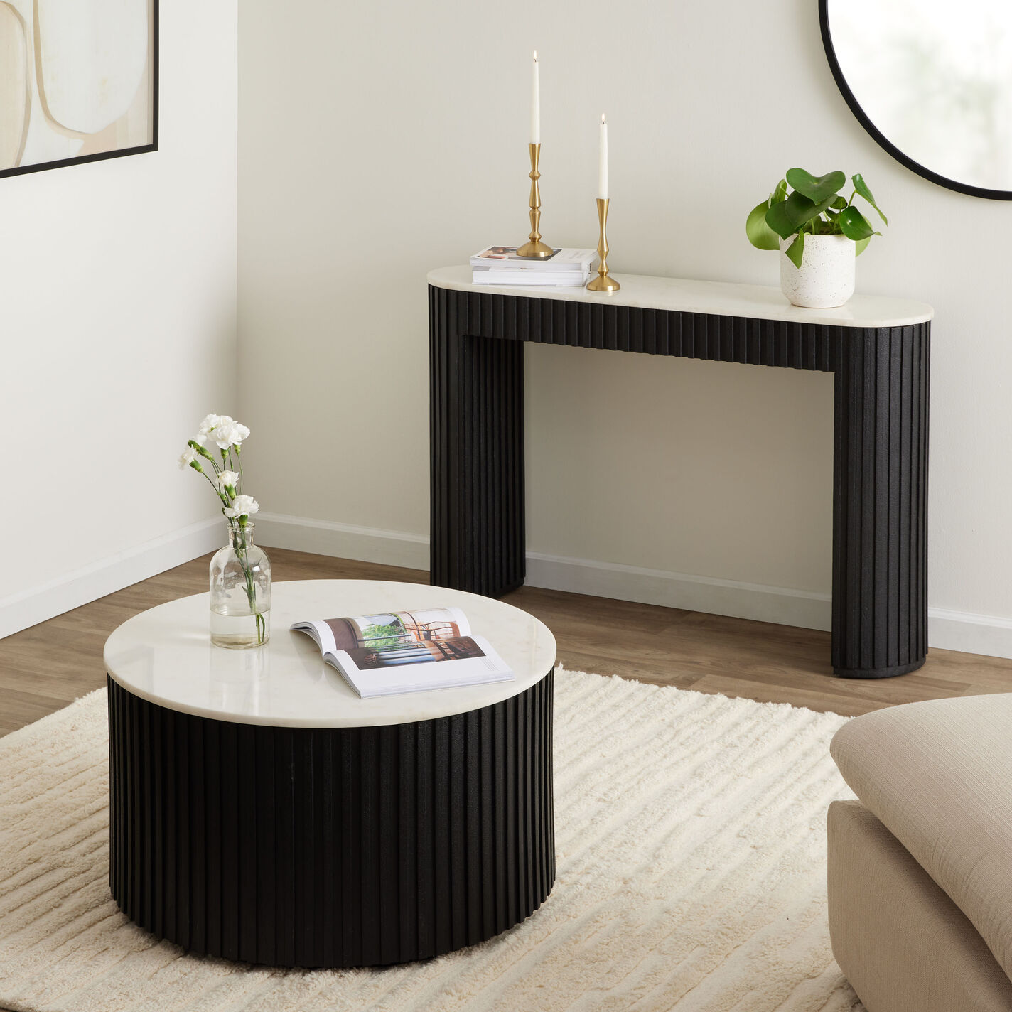 Corey Onyx Wood Marble Top Fluted Console Table