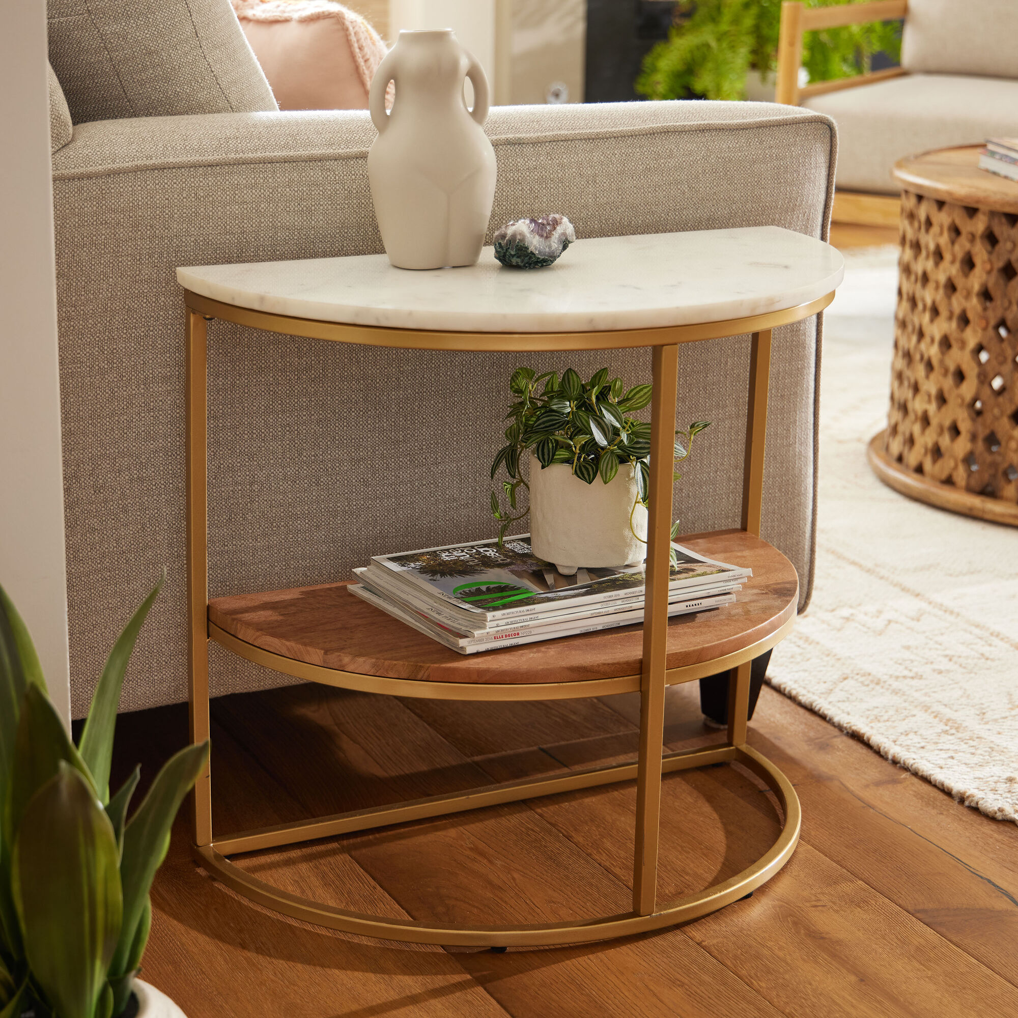 Piper Half Circle Marble Top Wood and Metal Side Table
