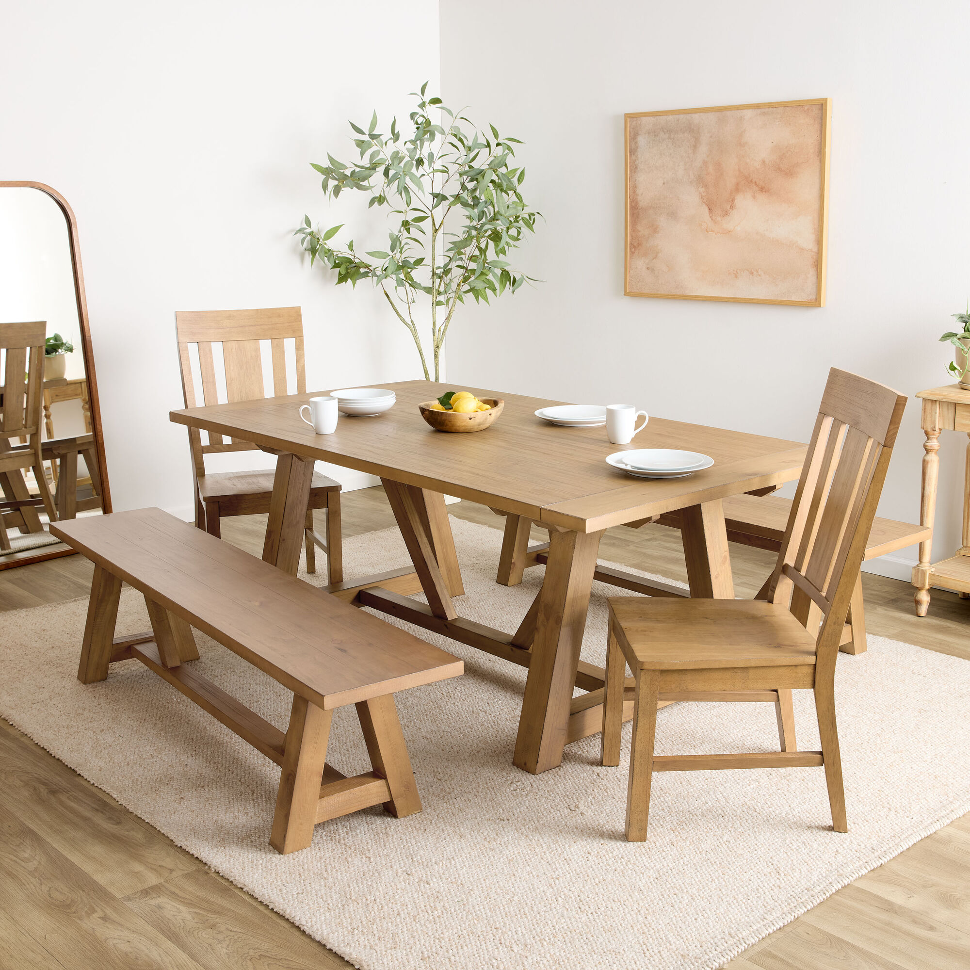 Leona Wood Farmhouse 5 Piece Extension Dining Set with Benches