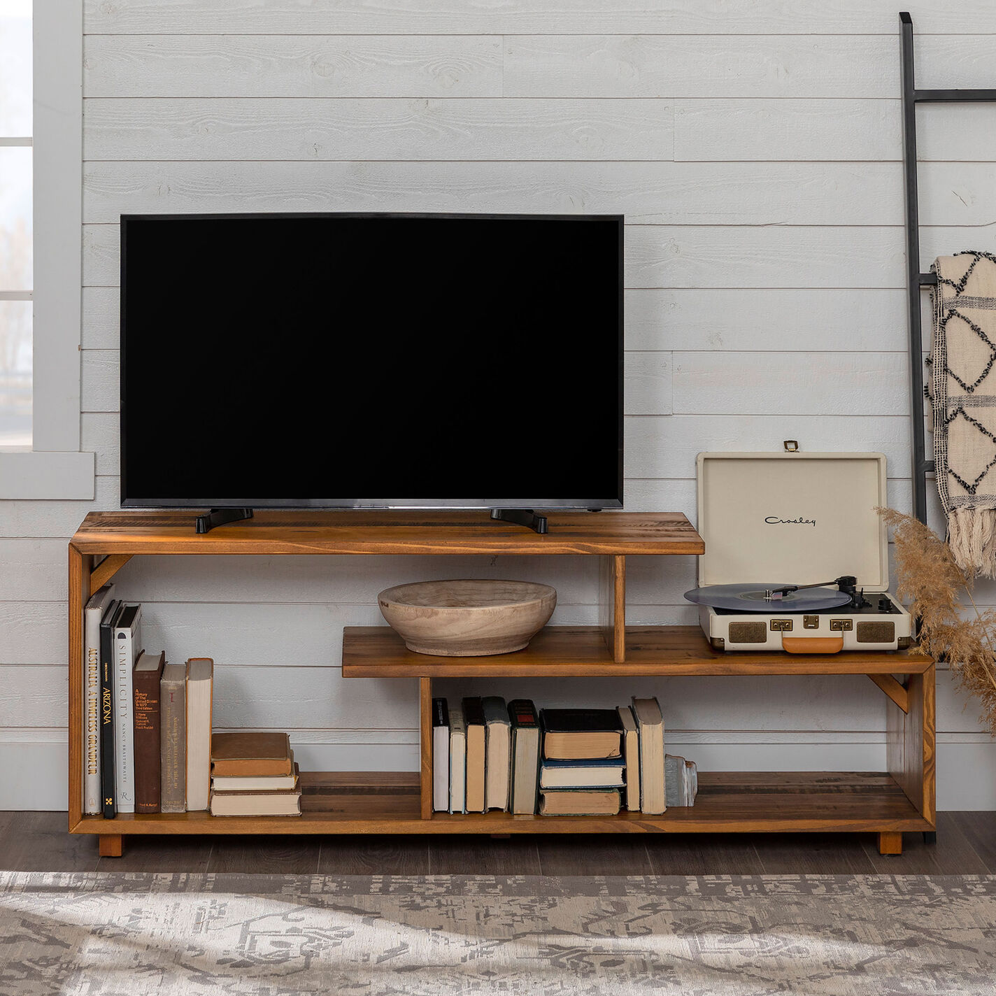 Cosme Amber Wood Asymmetrical Console Table with Shelves