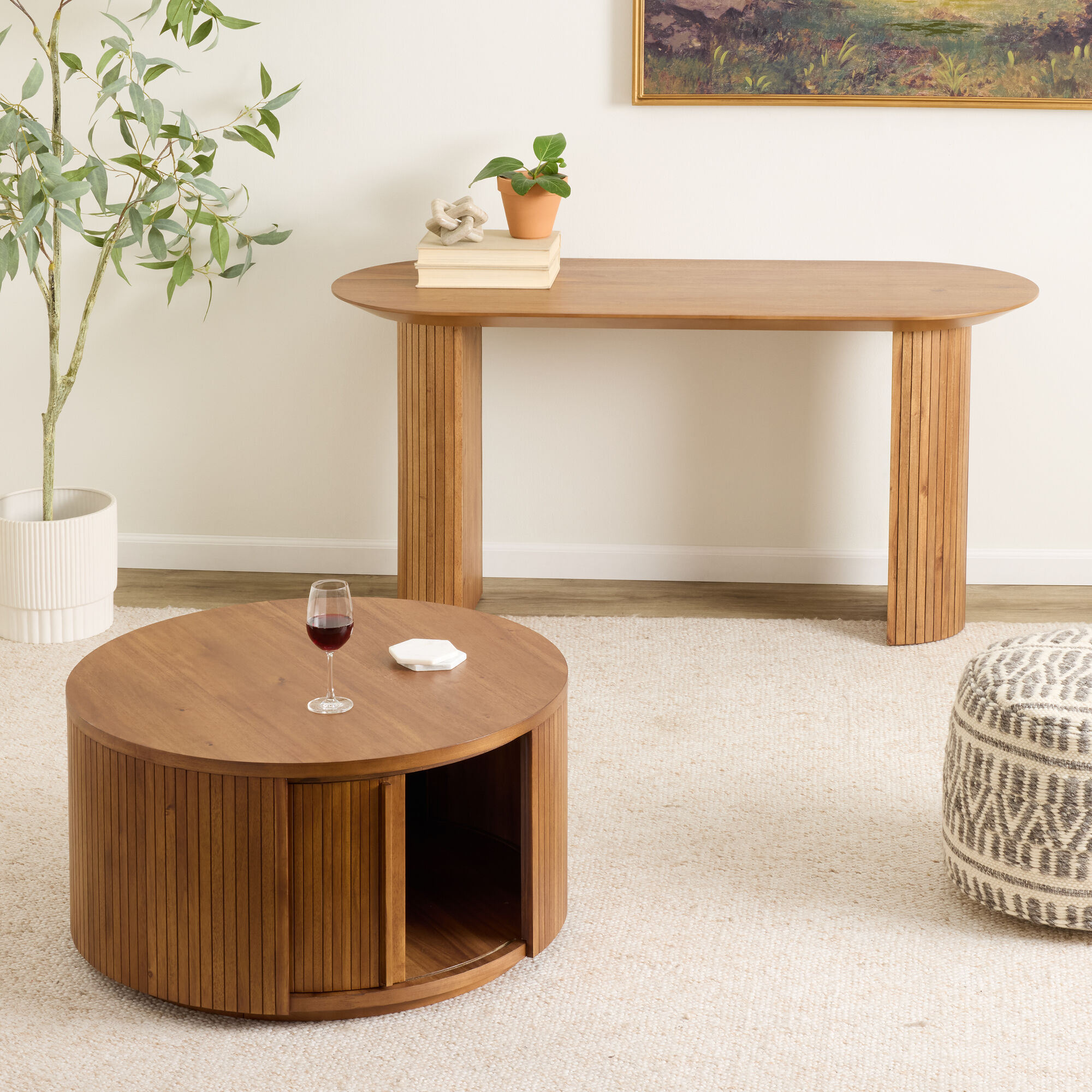 Russo Round Fluted Wood Coffee Table with Storage