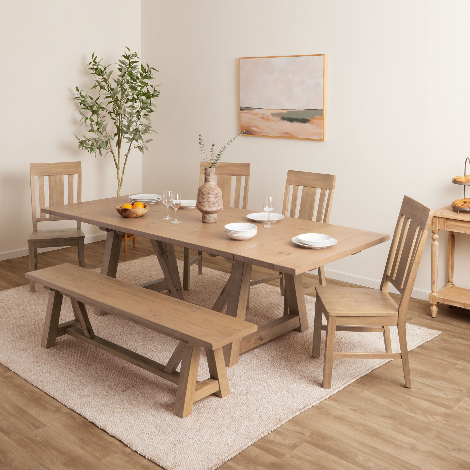 Leona Wood Farmhouse 6 Piece Extension Dining Set with Bench