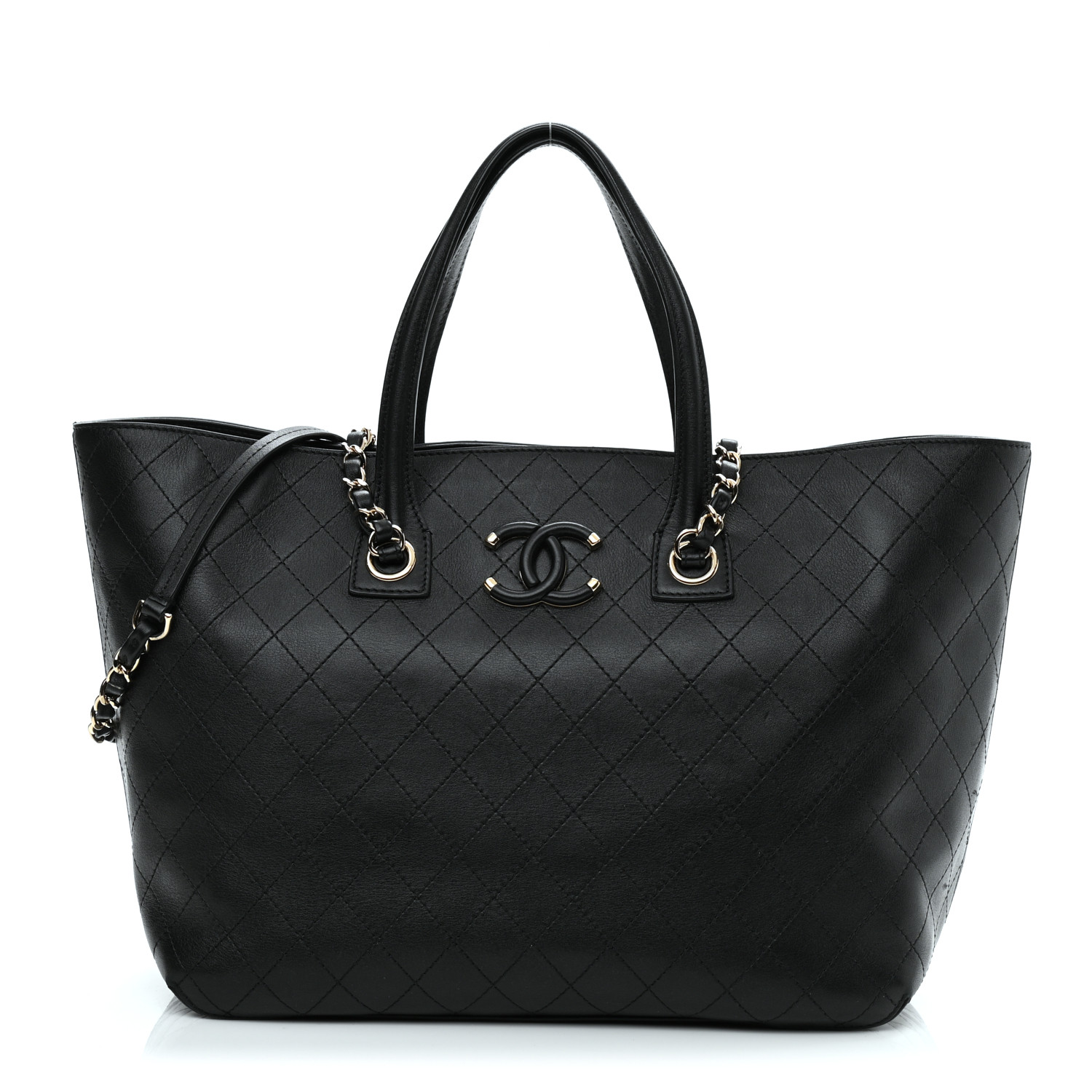 Calfskin Stitched Shopping Tote Black