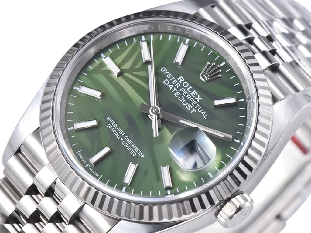 Datejust 36 Stainless Steel on Jubilee with Palm Motif Green Dial and Fluted Bezel