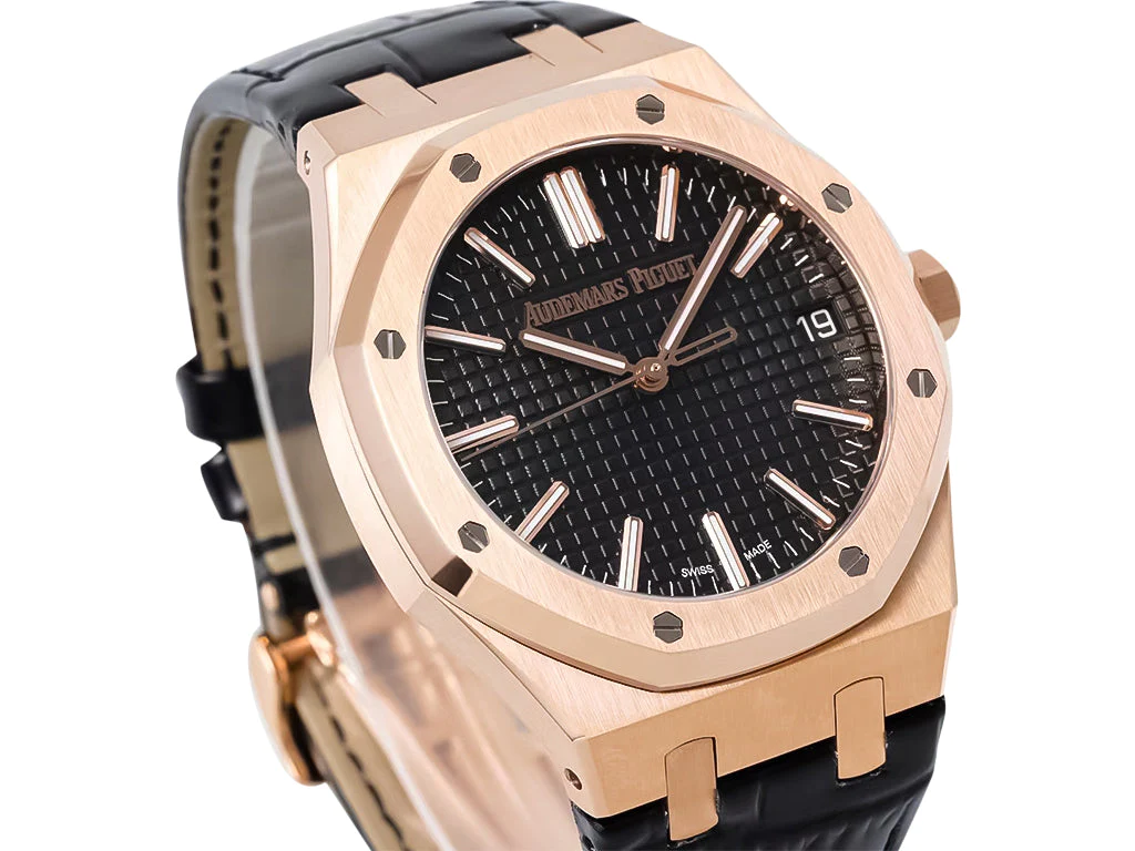 Royal Oak Pink Gold '50th Anniversary' with Black Dial and Leather Strap (41mm)