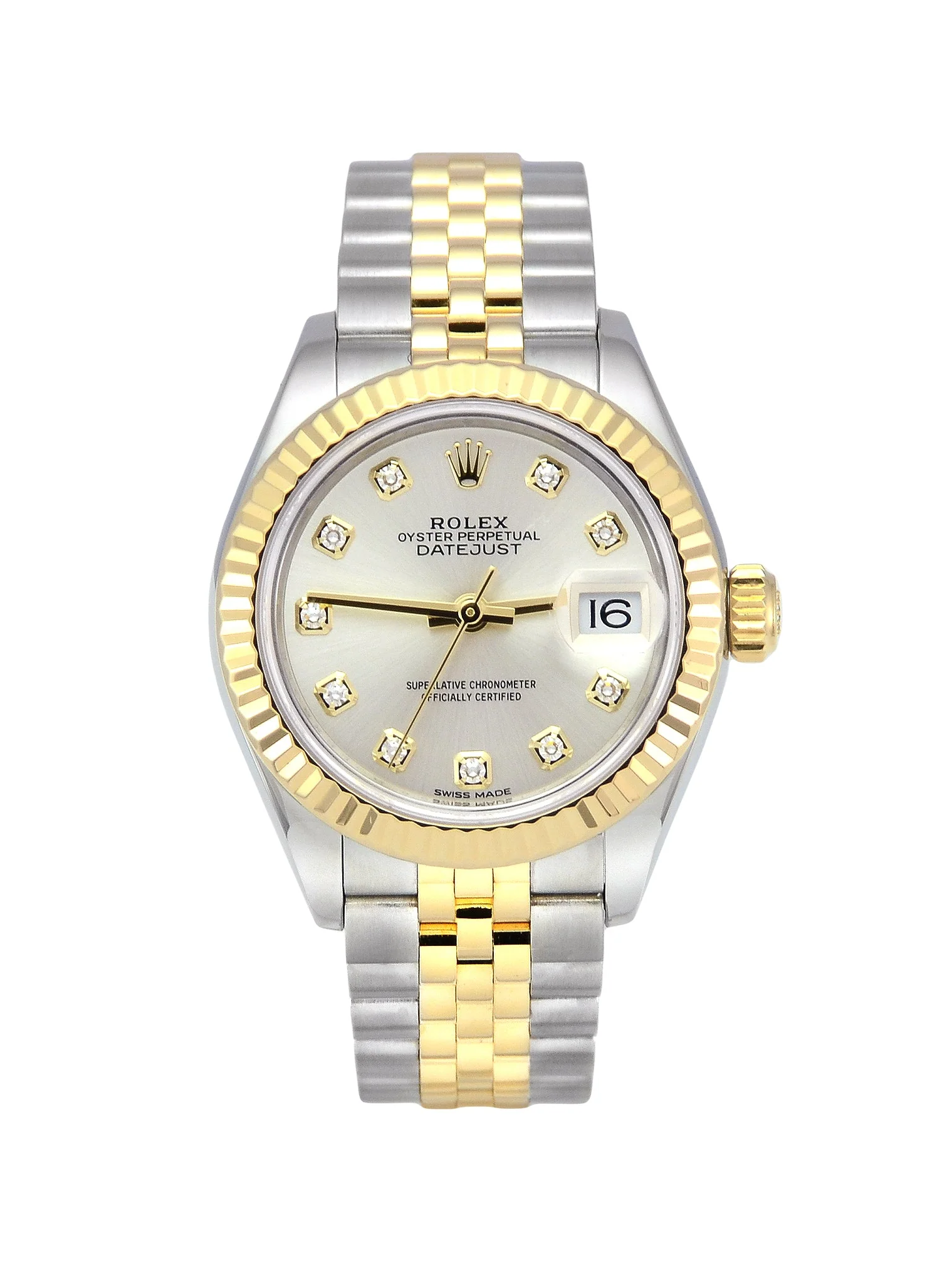 Lady-Datejust 28 Two Tone Yellow Gold on Jubilee with Diamond Silver Dial and Fluted Bezel