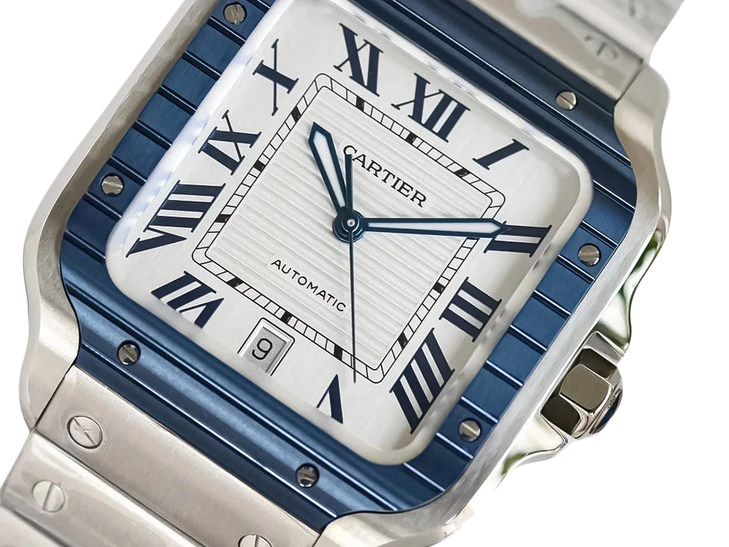 Santos Large Stainless Steel with White Dial and Blue Bezel (40mm)