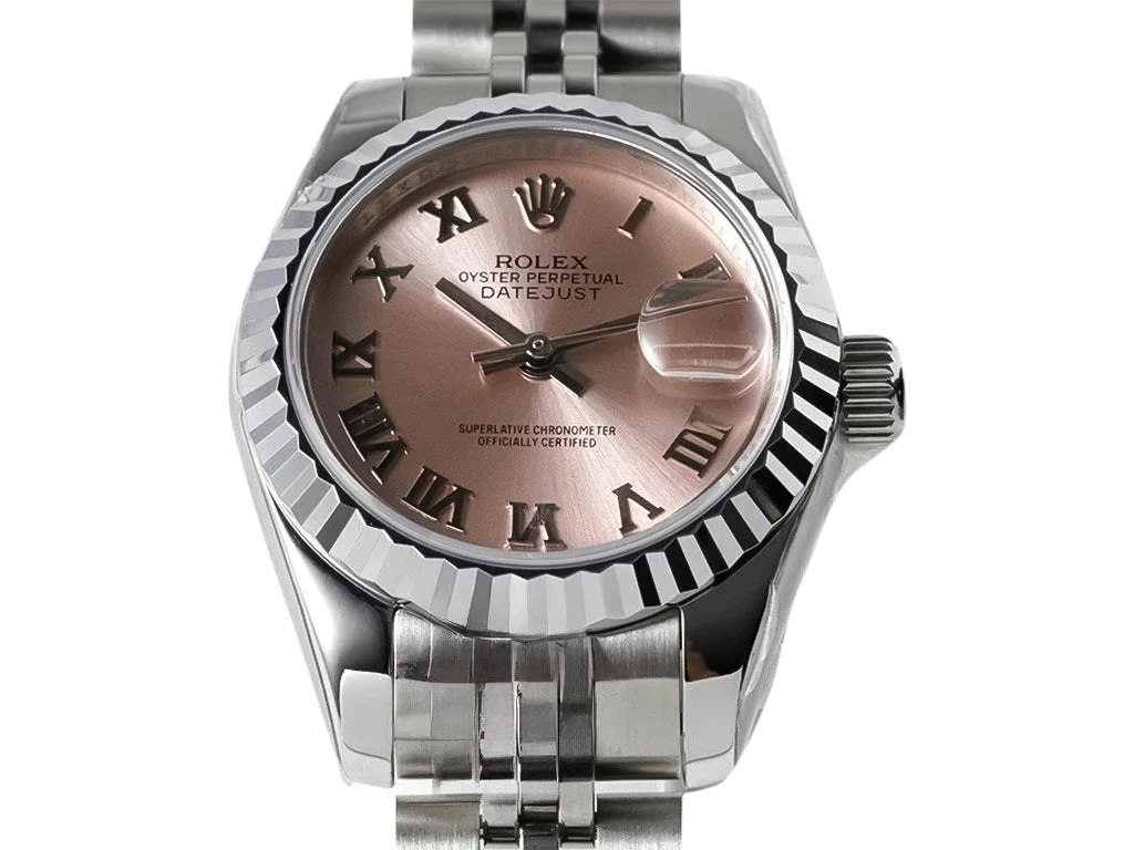 Lady-Datejust 28 Stainless Steel on Jubilee with Pink Dial (Roman Numerals) and Fluted Bezel