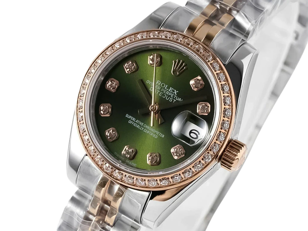 Lady-Datejust 28 Two Tone Rose Gold on Jubilee with Green Diamond Dial and Diamond Bezel