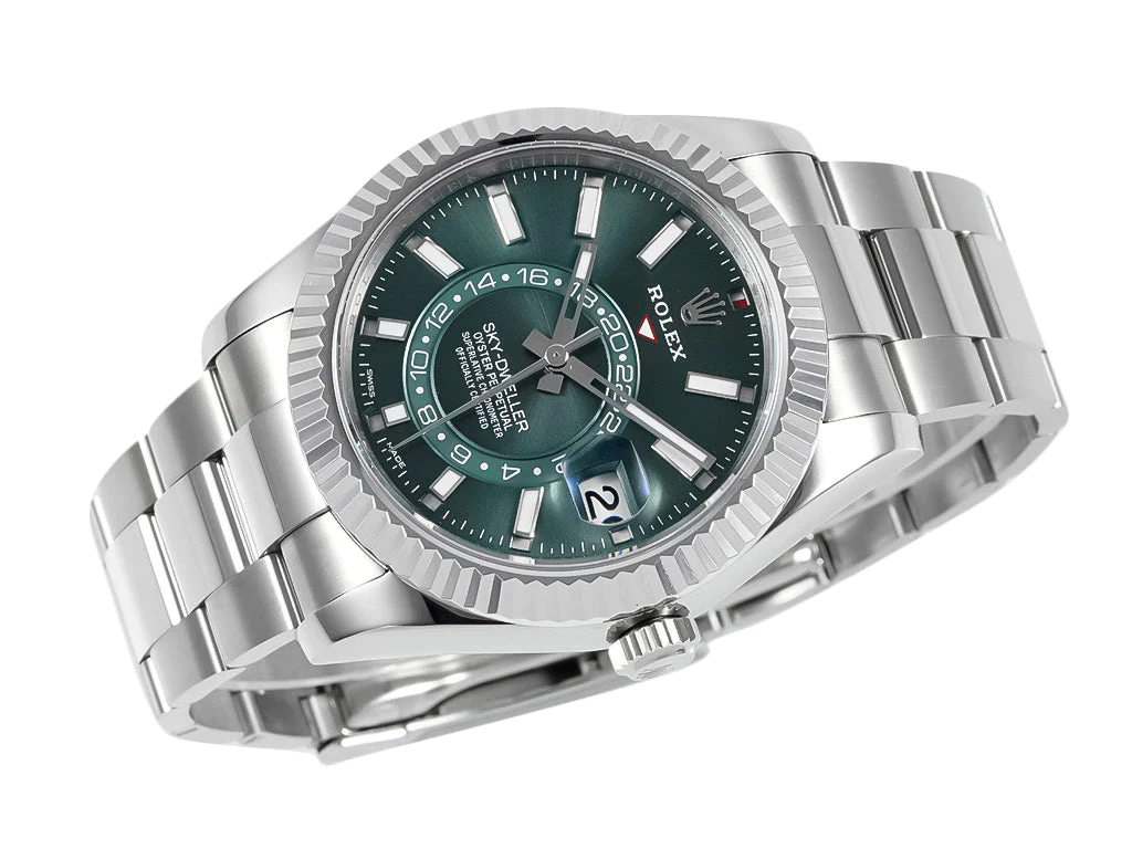 Sky-Dweller Stainless Steel on Oyster with Green Dial and Fluted Bezel