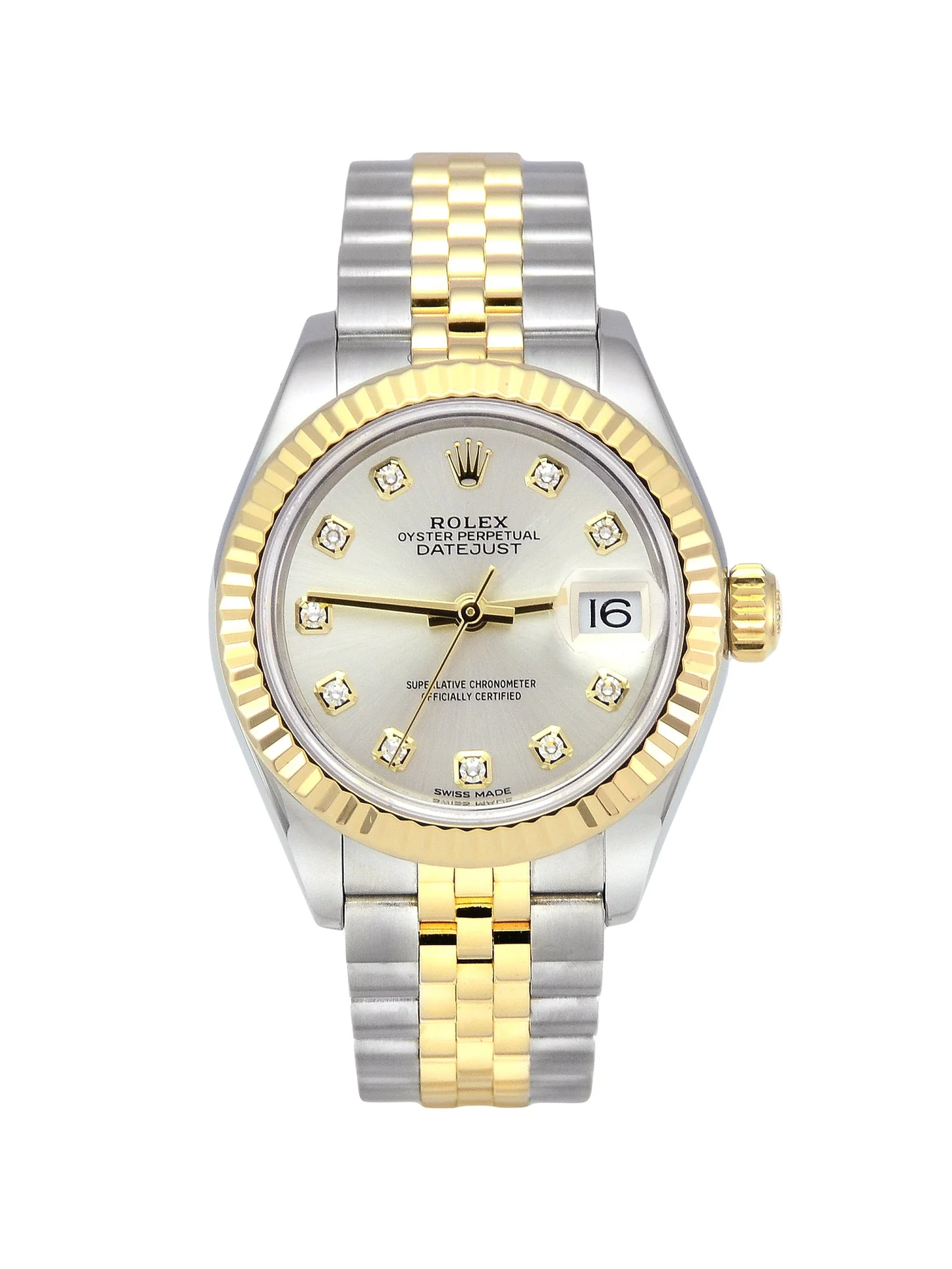 Lady-Datejust 28 Two Tone Yellow Gold on Jubilee with Diamond Silver Dial and Fluted Bezel
