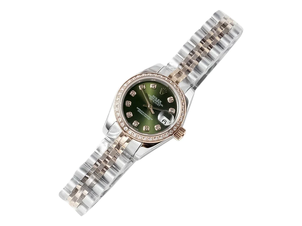 Lady-Datejust 28 Two Tone Rose Gold on Jubilee with Green Diamond Dial and Diamond Bezel