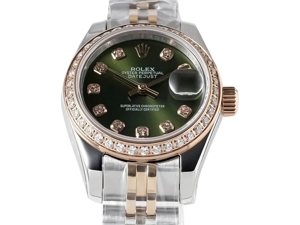 Lady-Datejust 28 Two Tone Rose Gold on Jubilee with Green Diamond Dial and Diamond Bezel