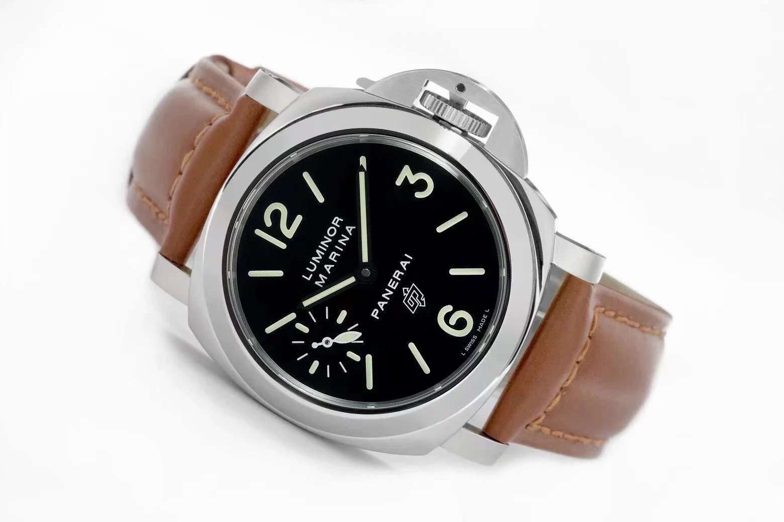 Luminor Marina Logo Stainless Steel with Black Dial and Brown Leather Strap (44mm)