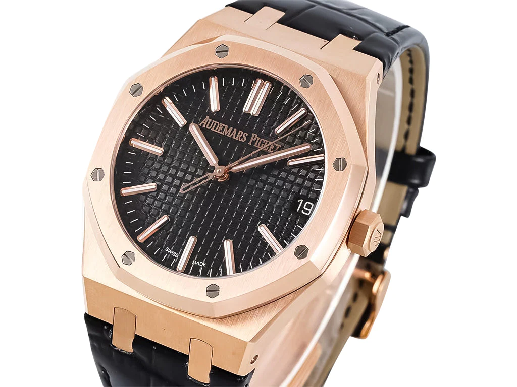 Royal Oak Pink Gold '50th Anniversary' with Black Dial and Leather Strap (41mm)