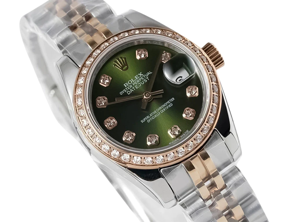 Lady-Datejust 28 Two Tone Rose Gold on Jubilee with Green Diamond Dial and Diamond Bezel