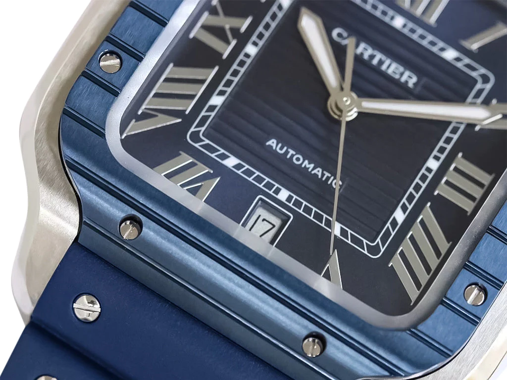 Santos Large Stainless Steel with Blue Dial and Blue Bezel (Rubber Strap) (40mm)