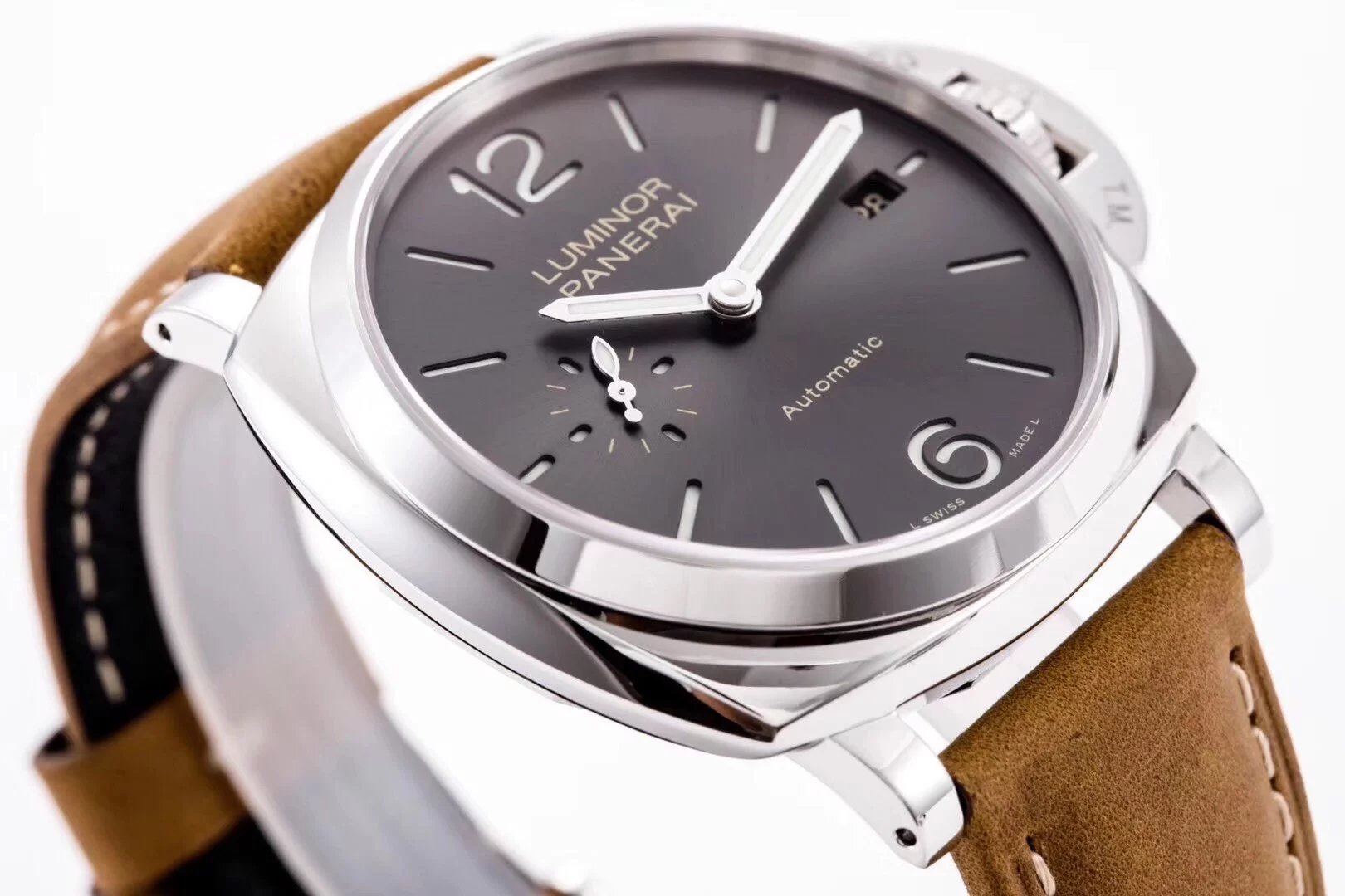 Luminor Due 42 3 Days Date Stainless Steel Case with Grey Sunburst Dial and brown strap (38mm)